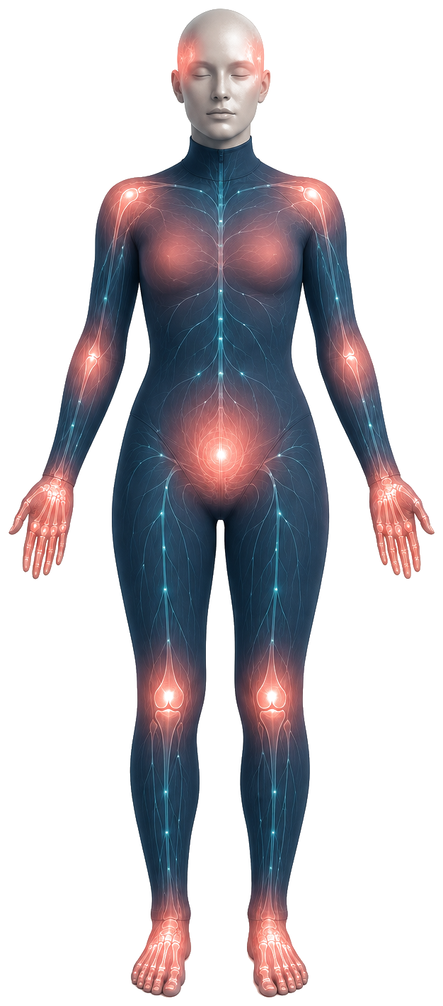 Anatomical figure highlighting shared nerve pathways across the head, spine, pelvis and limbs